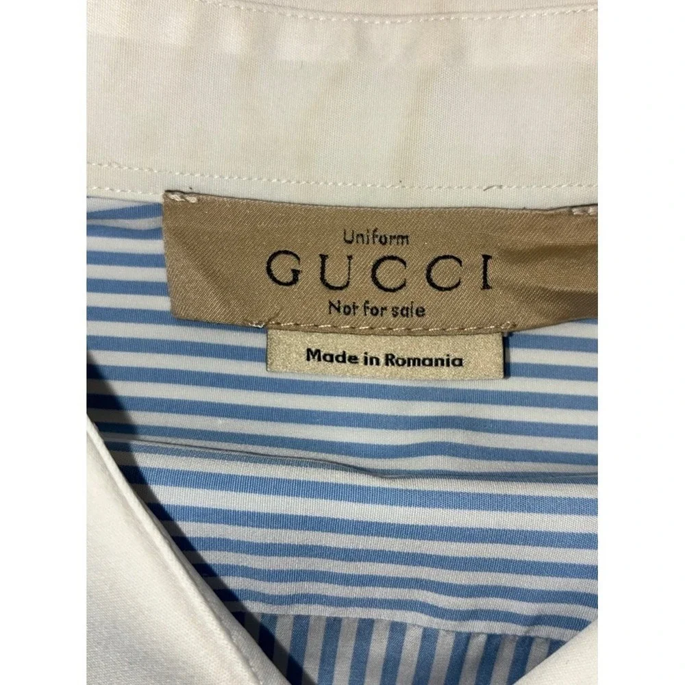 Gucci Shirt Men's 17.5 44 Blue Striped White Collar Poplin Button Up Uniform